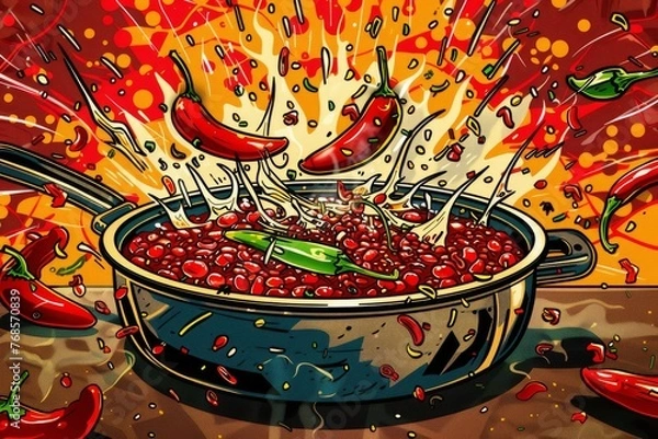 Fototapeta A high-energy pop art image showcasing an animated pot of chili with splashing beans and fiery peppers against a lively background.