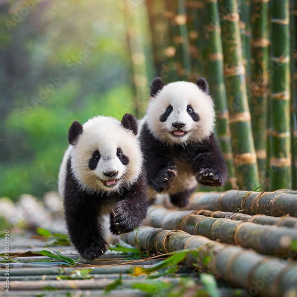 Fototapeta 정답게 뛰어 노는 쌍둥이 판다