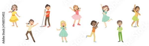 Fototapeta Little Children Singing with Microphone Performing on Stage Vector Set