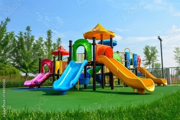 Fototapeta kids playground with colorful equipment on artificial turf base