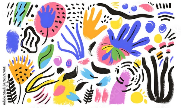 Fototapeta doodle design featuring colorful shapes and lines on a white backdrop, Generative AI 