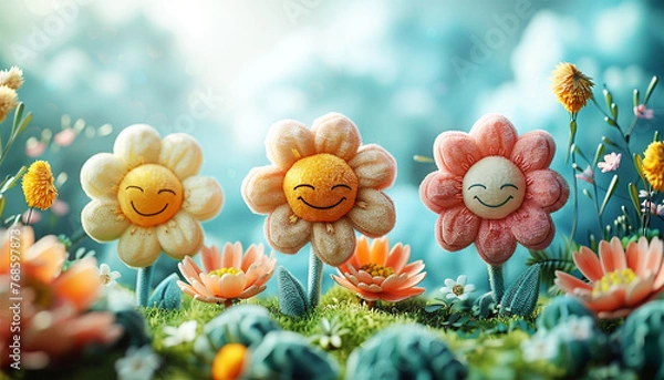 Fototapeta 3d Animation cartoon happy spring flowers smiling. Animated background colorful spring flowers. Colorful summer garden with sunlight shining.