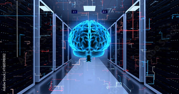 Obraz Network Server Racks In a Modern Data Center. AI Brain Analyzing. Technology Related 3D Illustration Render.