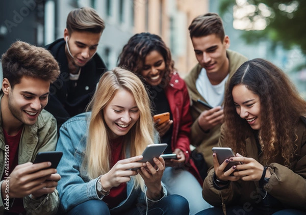 Fototapeta Group of young people using smart mobile phone outdoors - Happy friends with smartphone laughing together watching funny video on social media platform - Tech and modern life style concept.