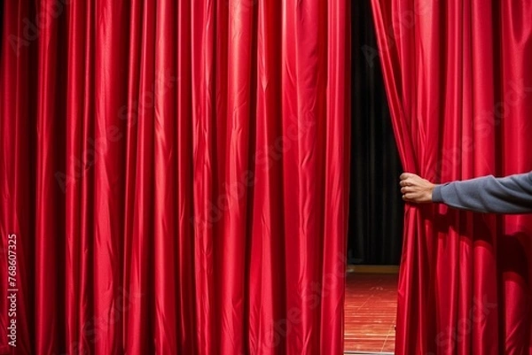 Fototapeta person pulling thick red curtain open to reveal empty stage