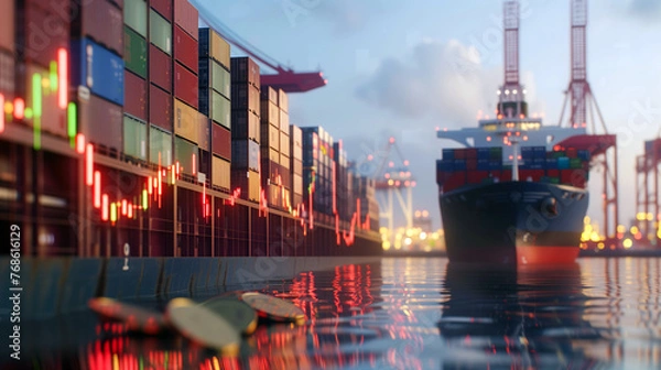Fototapeta A cargo ship docked at a busy port overlaid with glowing economic stock market indicators at dusk.