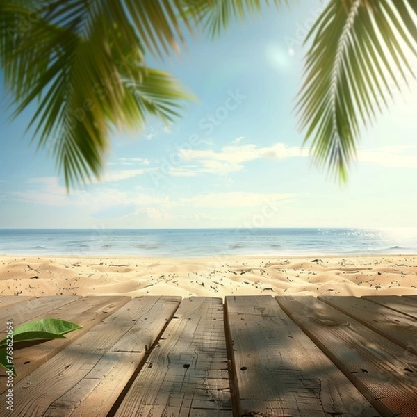 Fototapeta Serene Beach View from Wooden Deck with Palms
