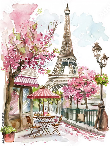 Fototapeta A painting of a Parisian cafe with a large Eiffel tower in the background. The cafe is filled with tables and chairs, and there are umbrellas providing shade. The scene is lively and inviting