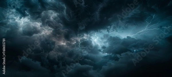 Fototapeta Dark clouds with lightning, thunderstorm and stormy weather background