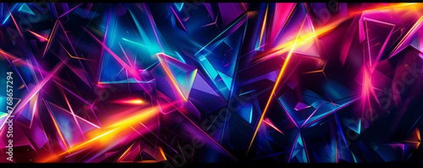 Fototapeta Glowing geometric shapes interlaced with neon lights set against a futuristic scenery, emanating vibrant energy and movement.