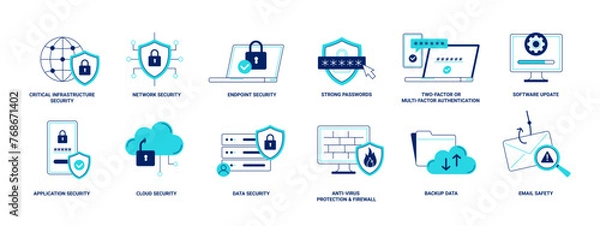 Fototapeta Cyber security set. Data protection, secured network, firewall, strong password, backup, and updating software. Vector linear illustrations on the white background. 