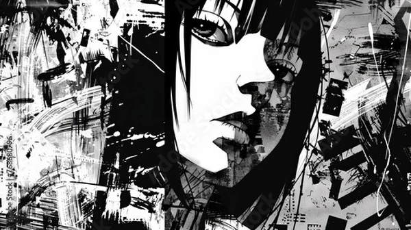 Fototapeta Cool grungy y2k anime manga collage set with a negative photocopy effect . Rough brutal elements for 90s vintage design. Ai generation.