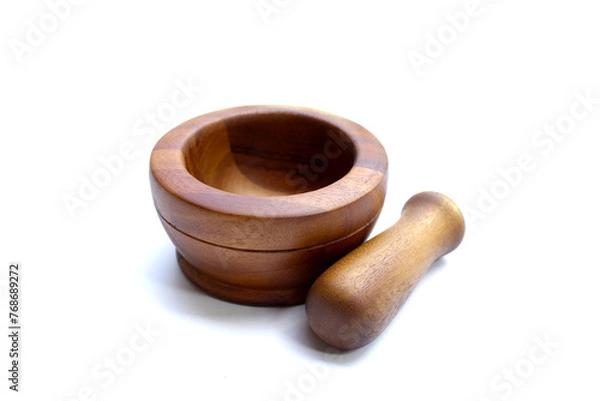 Obraz Wooden mortar and pestle on white background