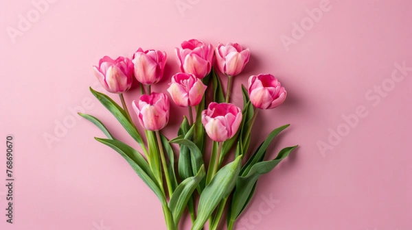 Fototapeta bouquet of pink tulips on pink solid background with copy space