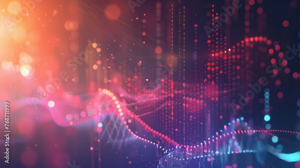 Fototapeta Paisaje de Datos Digitales en Azul Neón. Representación digital de datos y análisis en tonos de azul neón y rosa, con luces bokeh que sugieren innovación tecnológica y la complejidad del big data.