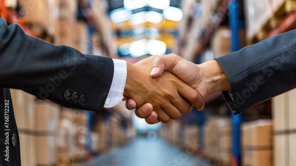 Fototapeta Acuerdo de Negocios en Almacén Logístico.
Dos empresarios sellan un trato con un firme apretón de manos en un almacén.