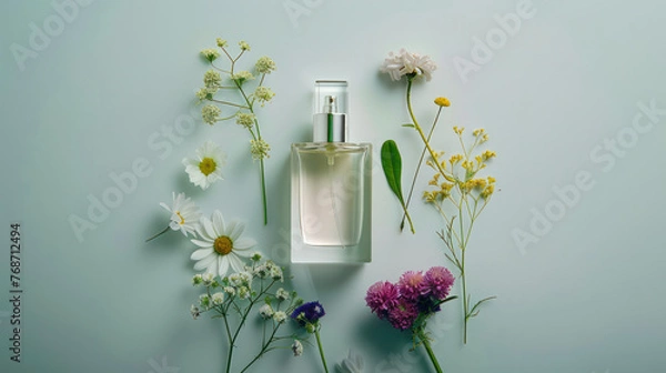 Fototapeta Un frasco de perfume rodeado de flores y hierbas frescas.
