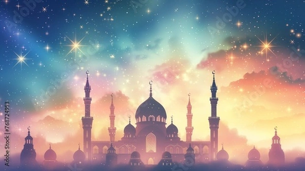 Fototapeta Cinematic dreamy pastel starry Ramadan kareem eid islamic mosque background illustration colorful for wallpaper, poser and greeting card.