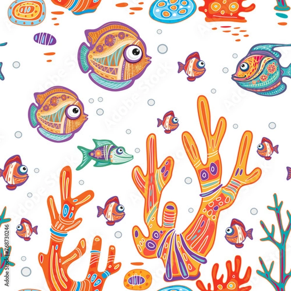 Fototapeta Seamless Pattern with Decorative fishes and Corals