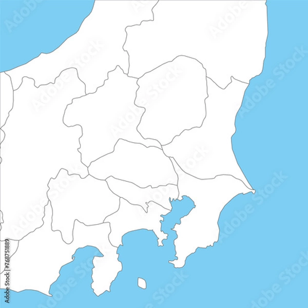 Fototapeta 関東地方周辺のシンプルな白地図、県の境界入り、山梨県を含む
