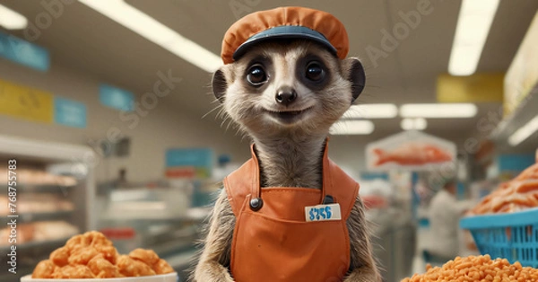 Fototapeta A cartoon meerkat works as a salesman in a supermarket store among food counters