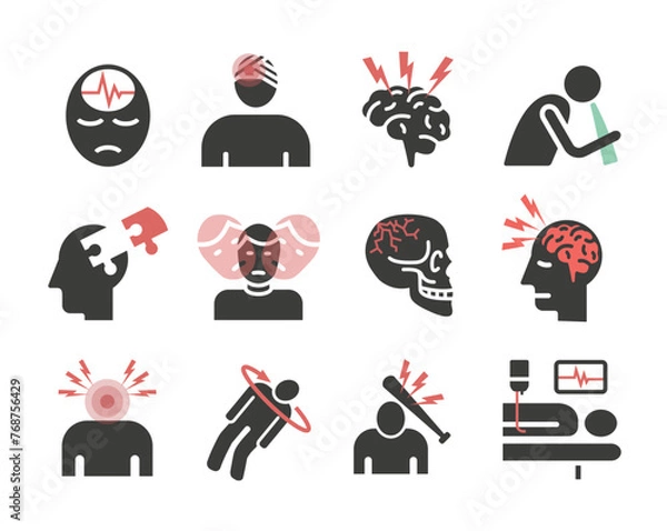 Fototapeta Traumatic brain injury icons. Head Injury Treatment. Symptoms. Vector signs for web graphics.