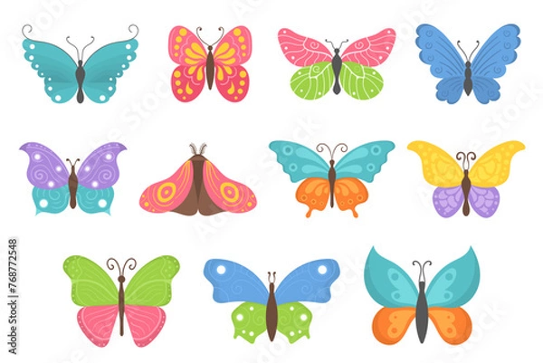 Fototapeta Cartoon butterflies set. Flying insects, delicate moths species with multicolored wings collection. Vintage detailed drawings. Colored vector illustrations isolated on white background
