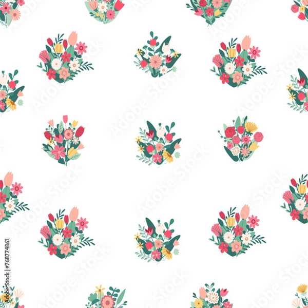 Fototapeta Seamless pattern beautiful bouquets with garden and wild flowers vector flat illustration. Flower bouquet. Plants with stems and leaves isolated on white. 