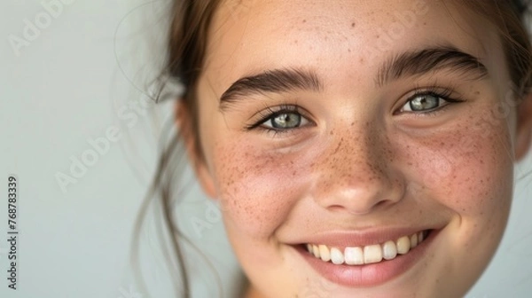Fototapeta A close-up of a young girl with freckles smiling with her eyes closed showcasing her bright blue eyes and a radiant complexion.
