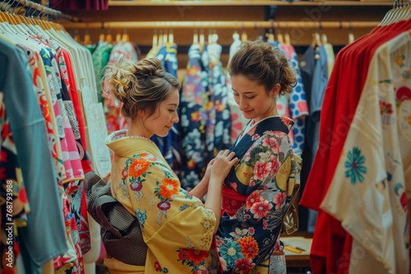 Obraz  Foreign tourists experiencing Japanese traditions.　着物を試着する外国人観光客