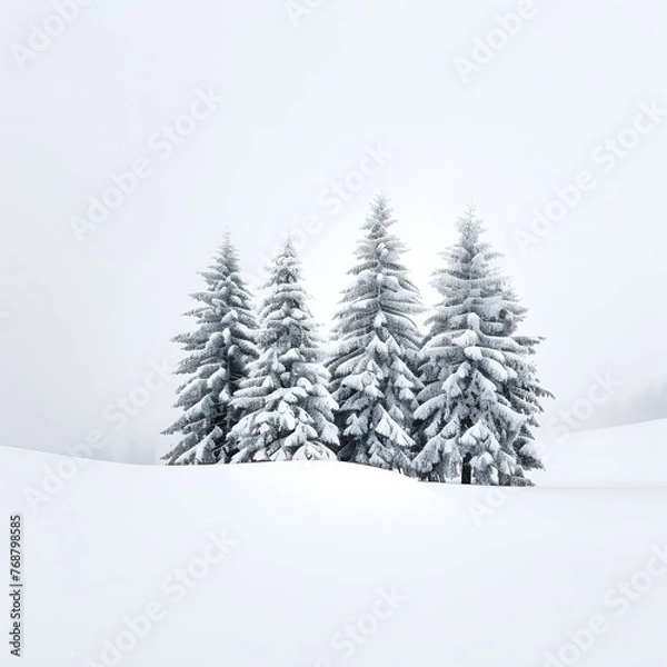 Obraz Snow-covered pine trees standing silent in a serene winter landscape.