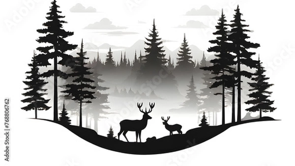Obraz Horizontal banner. Silhouette of deer, doe, fawn standing on meadow in forrest. Silhouette of animal, trees, grass. Magical misty landscape, fog. generative ai