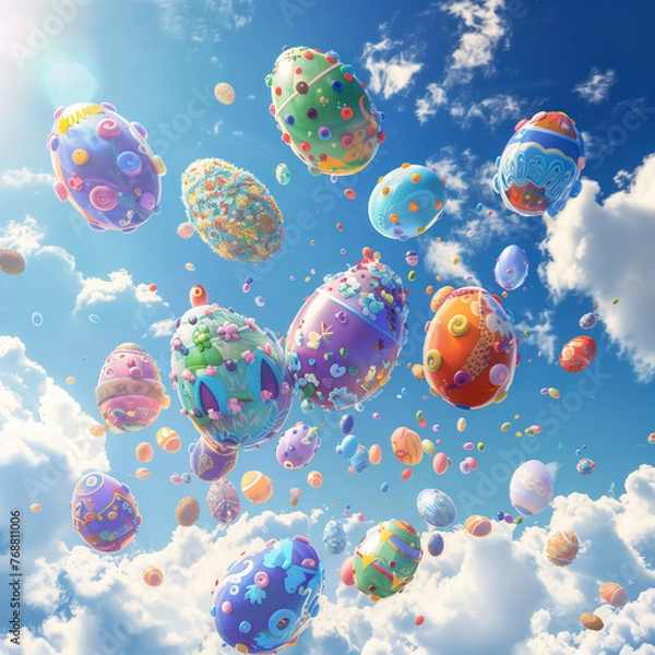 Fototapeta Beautiful Easter eggs floating in the sky, cute Easter eggs like candy floating in the sky with sunlight