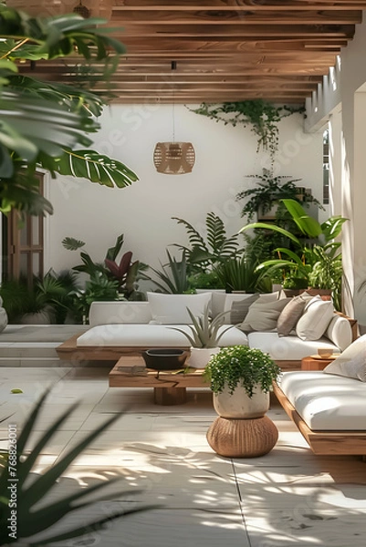 Fototapeta A cozy patio featuring a couch, table, and potted plants, creating a perfect outdoor living room with a touch of nature and interior design