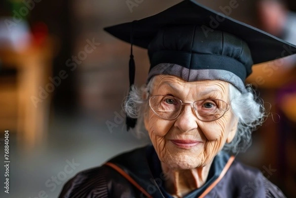 Fototapeta Happy elderly woman graduated from university