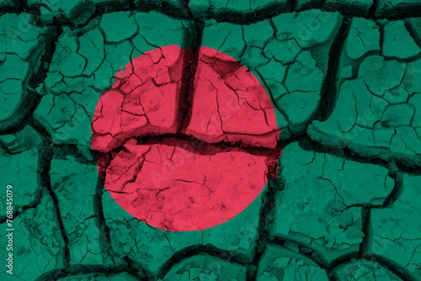 Fototapeta Dry soil pattern on the flag of Bangladesh. Country with drought concept due to climate change. Water problem. Dry cracked earth country.