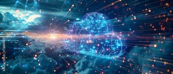 Fototapeta Cloud storage solution demo, unlimited data at your fingertips, engaging presentation, tech expo booth, evening , cinematic