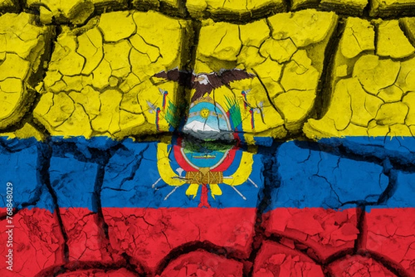 Fototapeta Dry soil pattern on the flag of Ecuador. Country with drought concept due to climate change. Water problem. Dry cracked earth country.