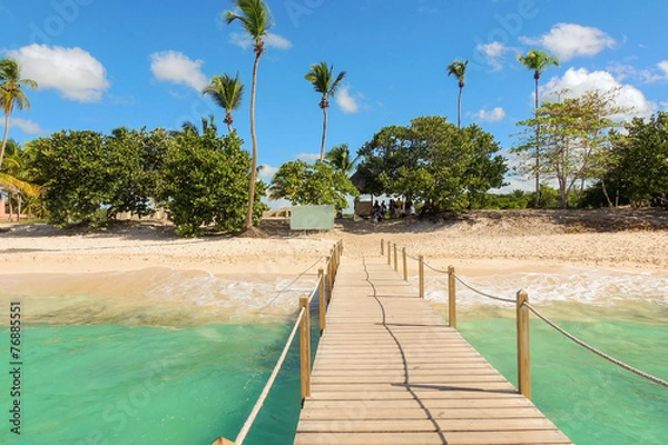 Obraz Vacation background: wooden jetty, exotic beach and palm trees
