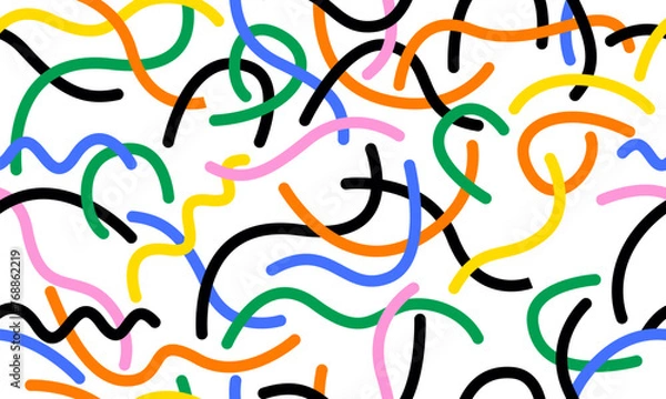 Fototapeta Colorful line doodle seamless pattern. Simple childish hand drawn seamless pattern. Random colorful scribble backdrop with swirls, bundles and dots. Fun colorful abstract background in doodle style