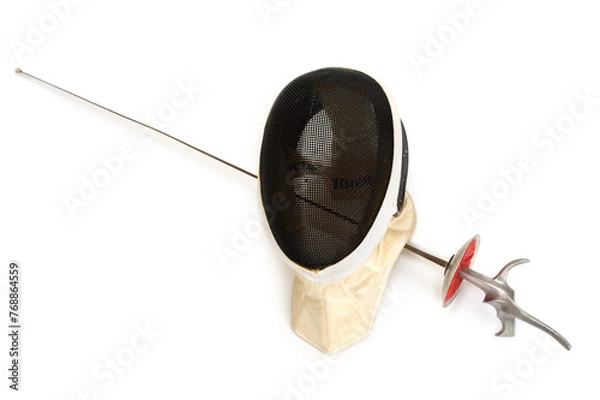 Fototapeta Top view of fencing gear. Mask and foil isolated on white background