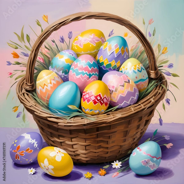Obraz Illustration of easter basket filled with decorative eggs with pastel background.