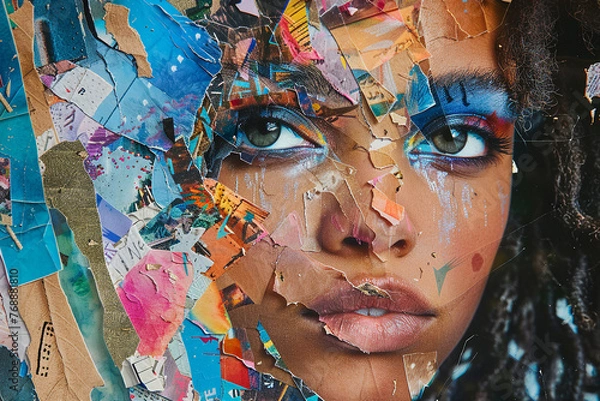 Fototapeta Collage portrait painting facial closeup eye contact print design art poster Generative AI technology