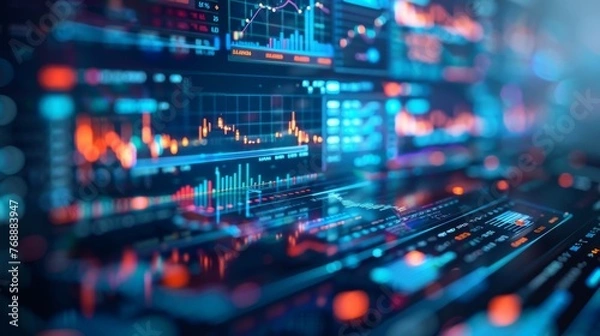 Fototapeta An elaborate close-up reveals a computer screen, magnified to the extreme, showcasing intricate stock market data and investment trends crucial for startup funding.