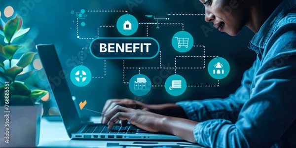 Obraz Professional using virtual interface to analyze business benefits with icons for strategy, finance, and goal achievement