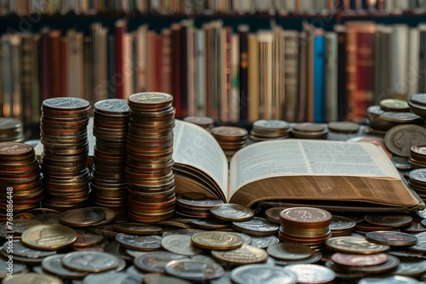 Fototapeta An open book surrounded by stacks of coins, symbolizing the value of investing in education, invest in knowledge to increase your return on investment