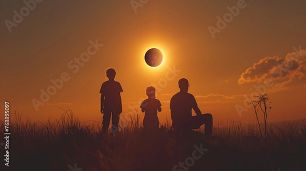 Obraz Father and children watching the eclipse