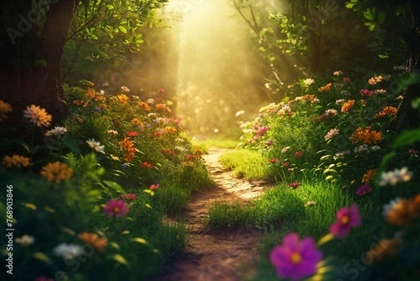Fototapeta Sunlit Flower-Lined Forest Pathway Leading Unknown