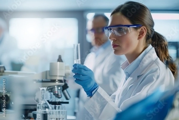 Fototapeta Collaborative pharmaceutical research, scientists sharing molecular data, samples in focus, copy space