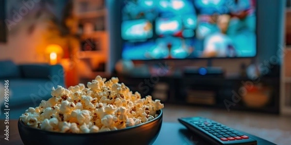 Obraz Relaxed home entertainment with popcorn during a sports game night
